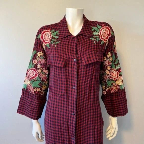 Zara trf Duster Tunic Dress Red Navy Plaid Embroidered Floral Belted size XS - Picture 6 of 14